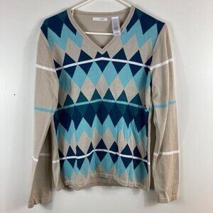 Womens Lizgolf V Neck Cotton Blend‎ Pullover Diamond Argyle Golf Sweater M
